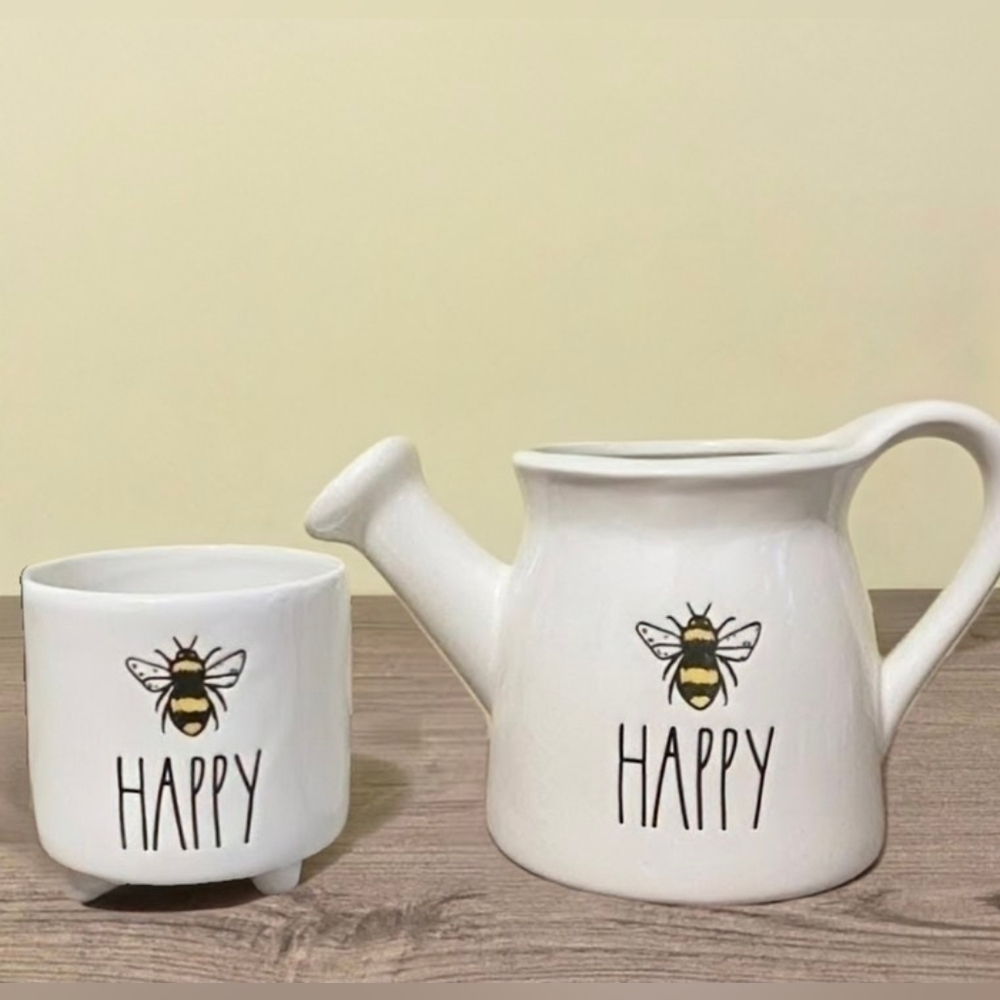 NEW Rae Dunn BEE HAPPY Footed Planter Pot & Watering Can